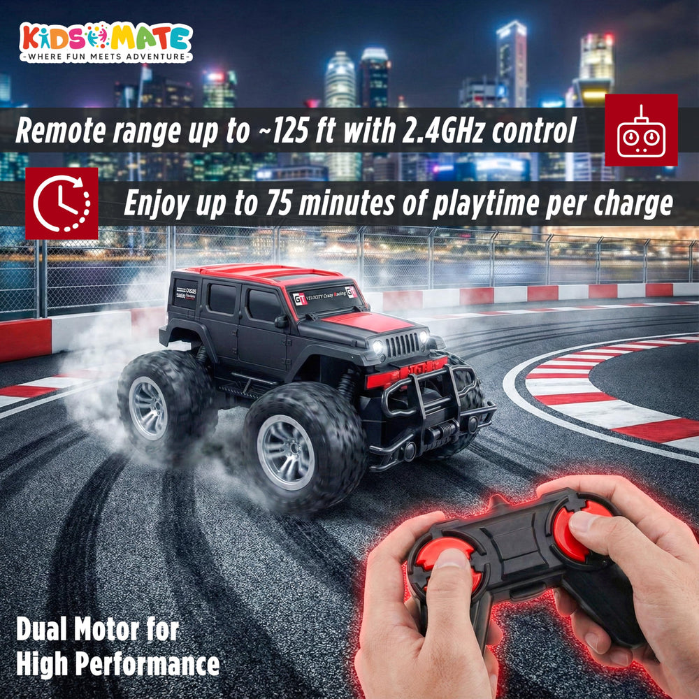 A vibrant remote control car designed for kids, featuring oversized wheels and a sleek SUV design. The car is shown on a racetrack with dynamic lighting, alongside a remote control with red buttons.