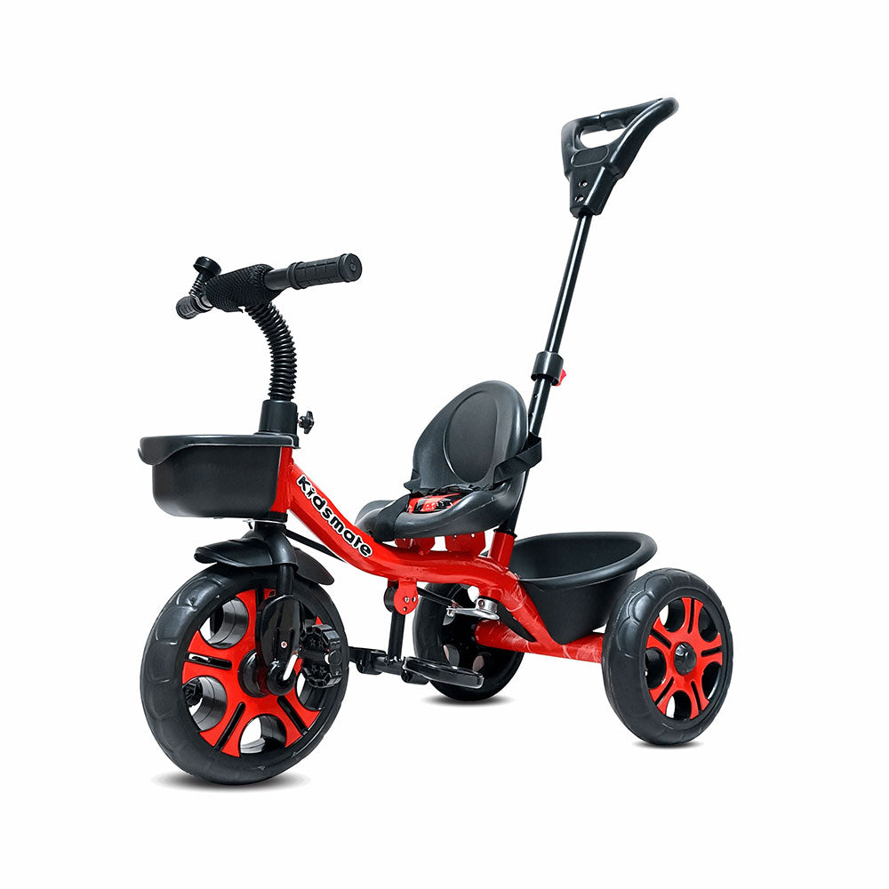 Bright red tricycle designed for kids, featuring a comfortable seat, a parental control handle, and sturdy wheels for stability. Ideal for outdoor fun and exploration.