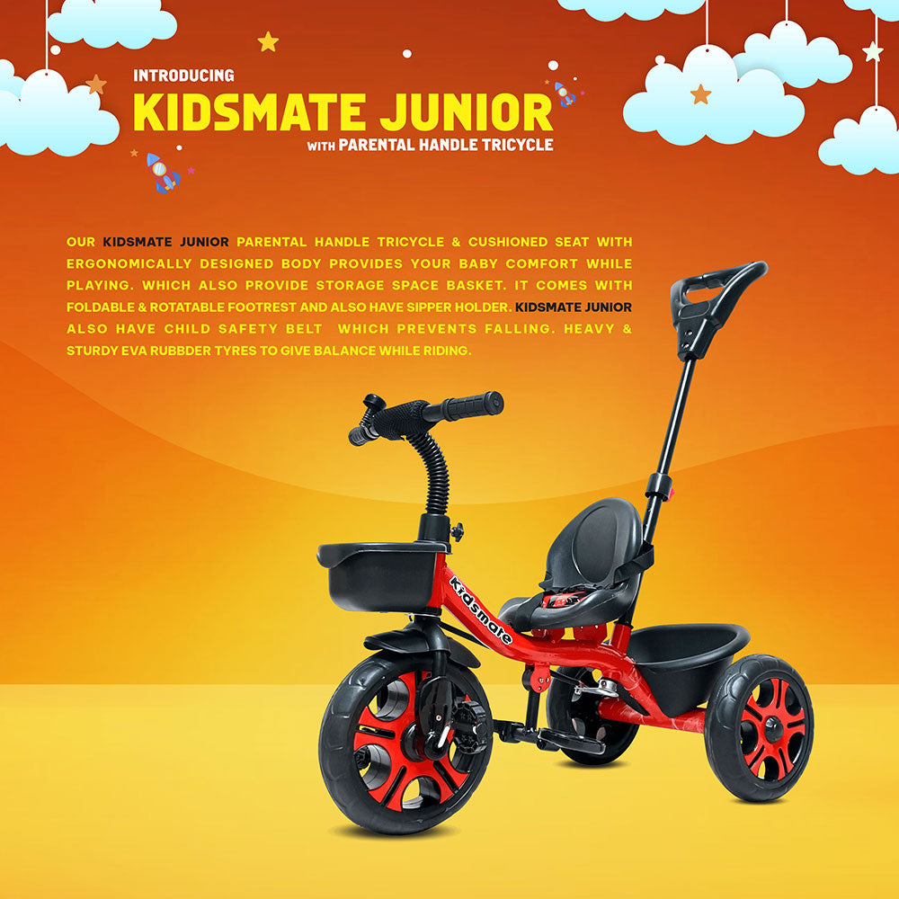 A vibrant red tricycle designed for kids, featuring a cushioned seat and parental control handle. The background is bright orange with playful clouds, enhancing the cheerful atmosphere.