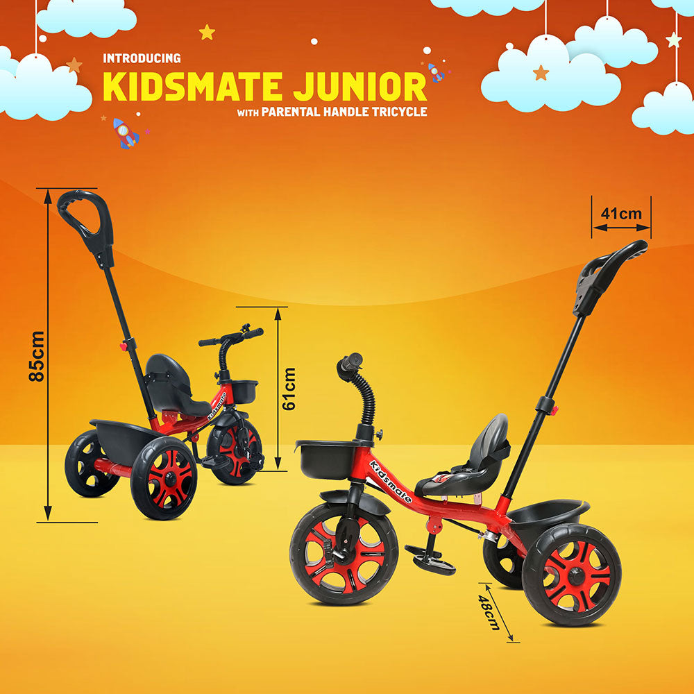 A vibrant Kidsmate Junior tricycle designed for children, featuring a parental control handle. The tricycle is red with black accents, showcasing its dimensions and playful design against a bright orange background.
