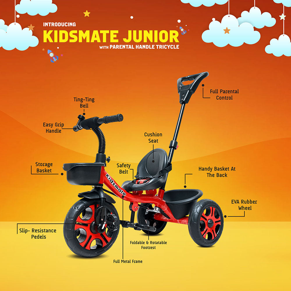 A vibrant red Kidsmate Junior tricycle designed for kids, featuring a parental control handle, cushioned seat, storage basket, and slip-resistant pedals, set against a playful background with clouds.