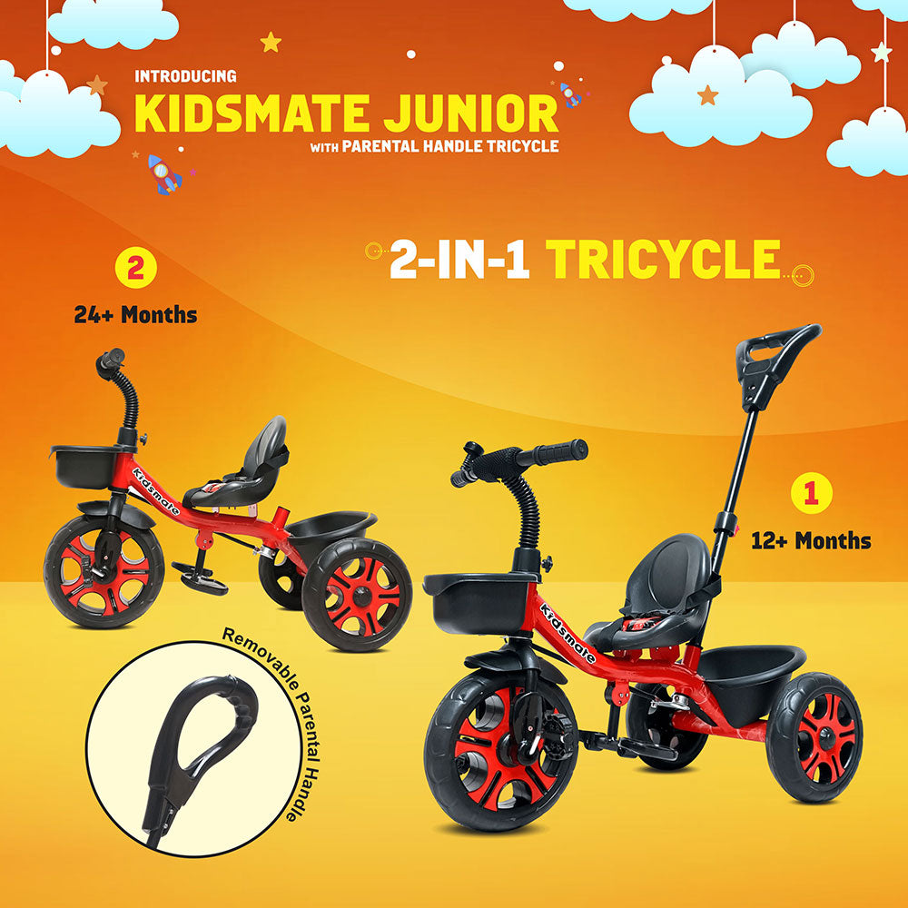 Bright red Kidsmate Junior tricycle featuring a removable parental control handle, designed for children aged 12 months and up. The tricycle has a comfortable seat and sturdy wheels, set against a playful background
