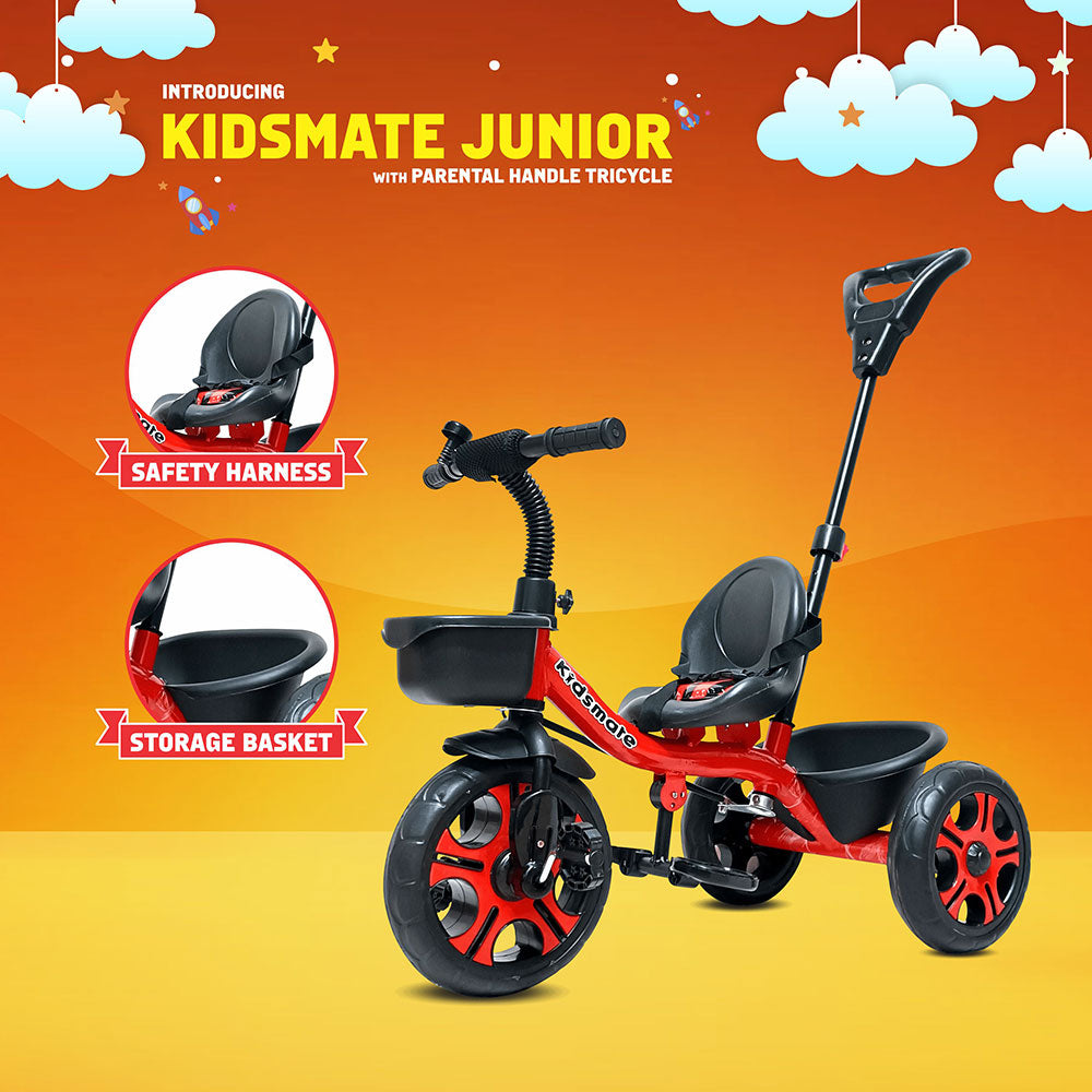 A vibrant red tricycle designed for kids, featuring a comfortable seat, safety harness, and a storage basket. The backdrop is a cheerful orange with playful clouds, enhancing the fun atmosphere.