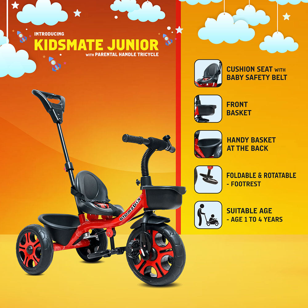 Bright red tricycle designed for young children, featuring a cushioned seat with a safety belt, a parental control handle, and a handy basket at the back. Suitable for ages 1 to 4 years.