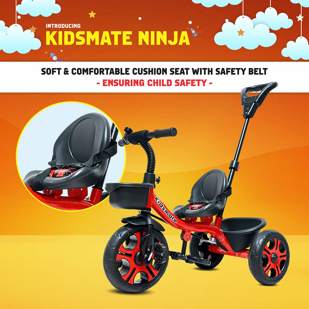 A vibrant red tricycle designed for kids, featuring a soft cushioned seat with a safety belt. The tricycle includes a parental control handle for easy steering and maneuvering.