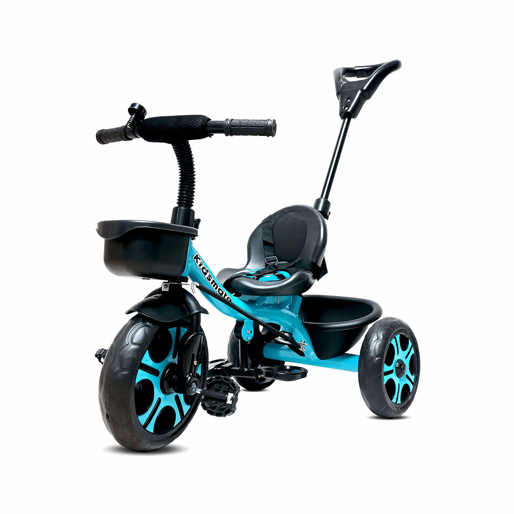 A blue tricycle designed for kids, featuring a comfortable seat, sturdy wheels, and a parental control handle for easy steering. The design includes black accents for a stylish look.