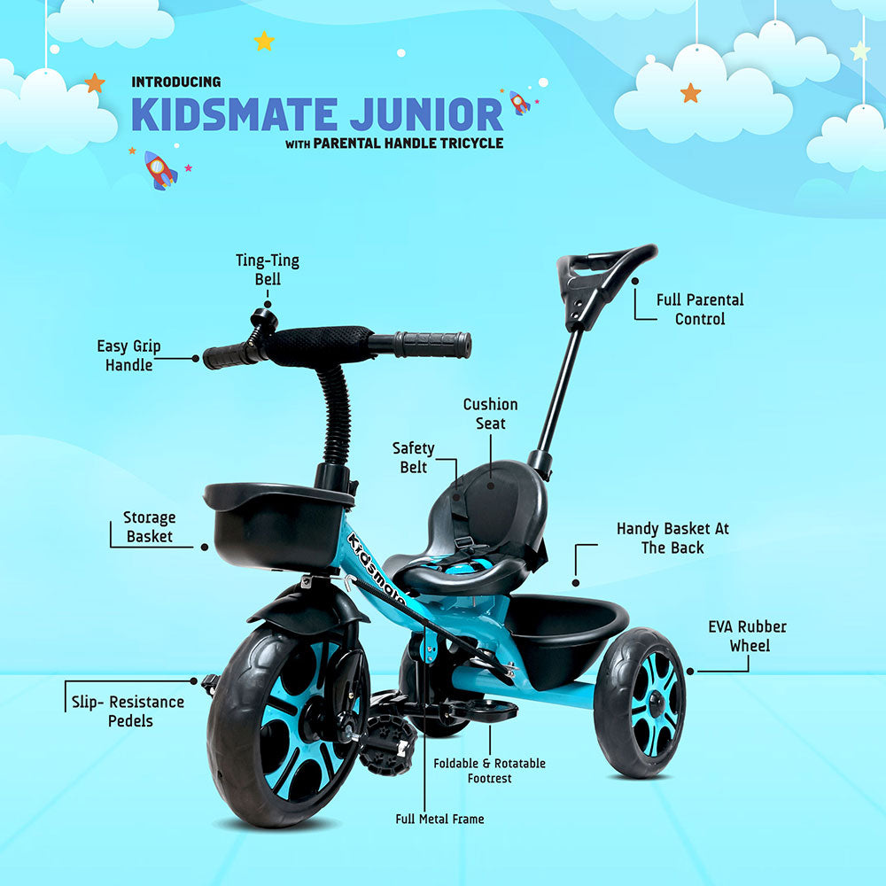 A colorful Kidsmate Junior tricycle designed for kids, featuring a parental control handle, cushioned seat, storage basket, and sturdy wheels against a bright blue background with clouds.