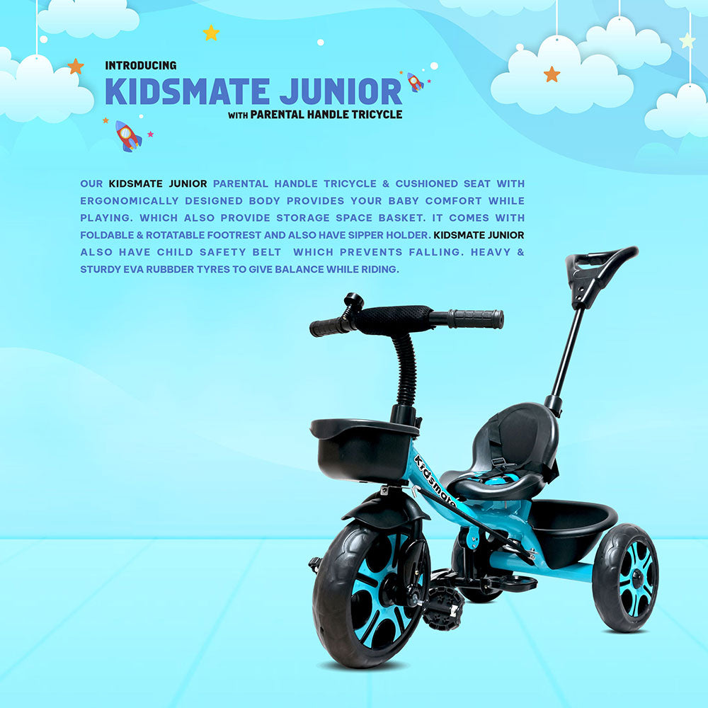 A vibrant blue tricycle designed for kids, featuring a comfortable seat and parental control handle. The tricycle has sturdy rubber tires and a playful design, perfect for outdoor adventures.