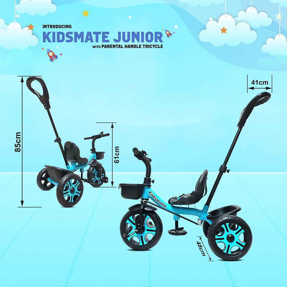 A vibrant Kidsmate Junior tricycle featuring a blue seat, black wheels, and a parental control handle. The background is cheerful with clouds and stars, enhancing the playful theme.