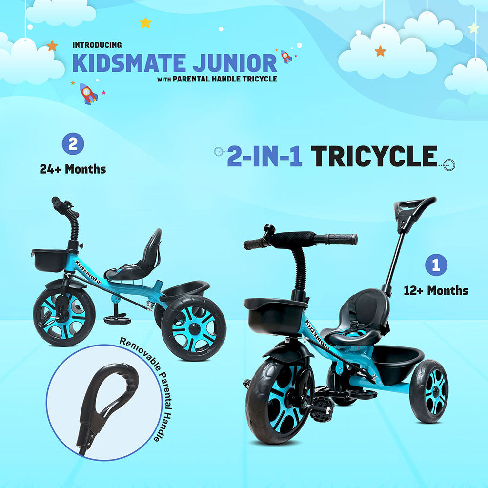 A colorful Kidsmate Junior tricycle designed for children, featuring a removable parental control handle. The tricycle showcases a blue and black color scheme with sturdy wheels, suitable for kids aged 12 months and up.