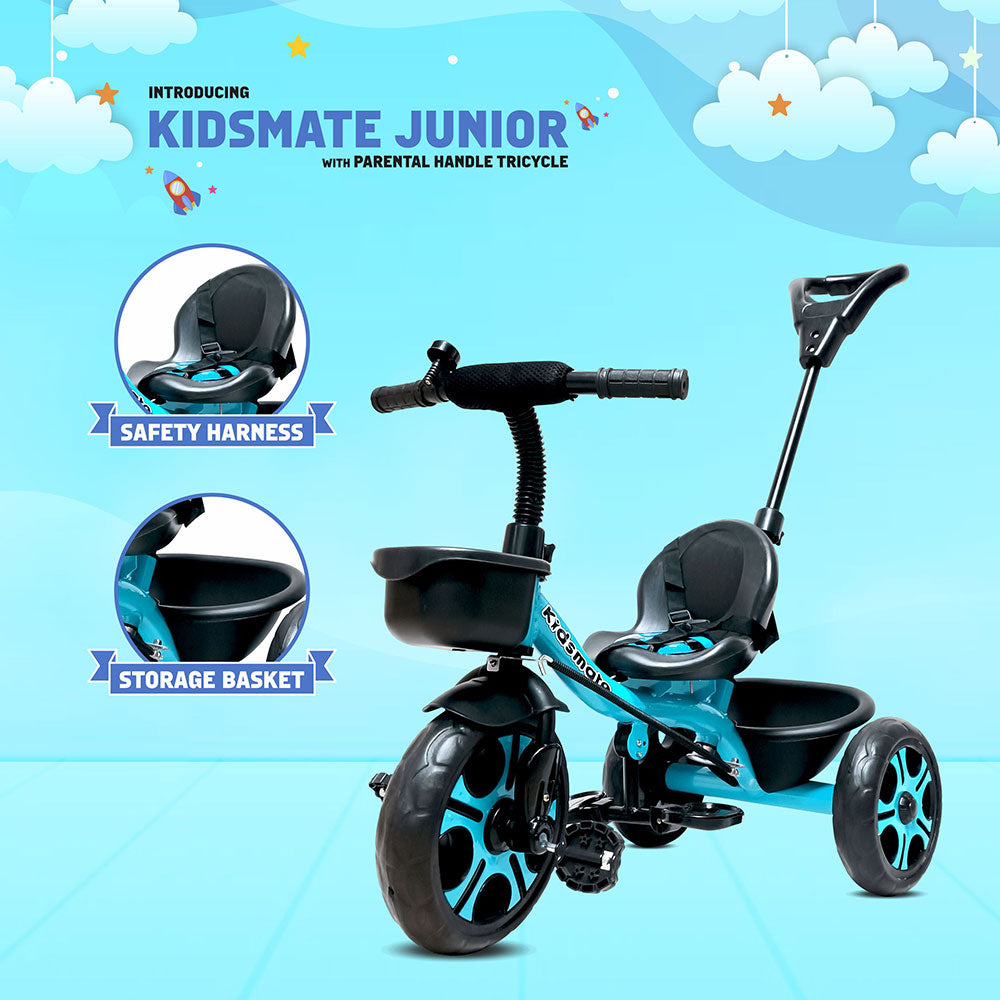 A vibrant Kidsmate Junior tricycle designed for children, featuring a comfortable seat with a safety harness, a storage basket at the back, and a parental control handle for easy steering. The background is a cheerful