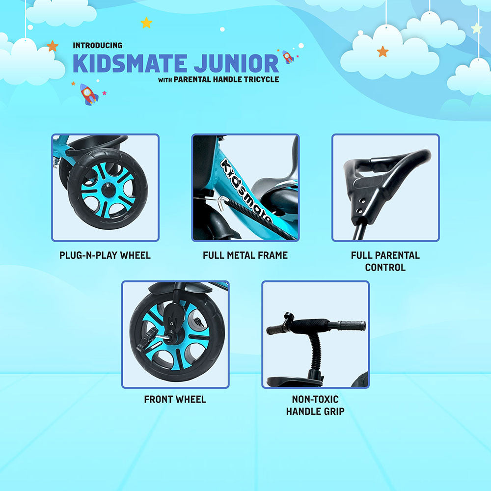 A colorful Kidsmate Junior Tricycle showcasing features like a parental control handle, full metal frame, front wheel, and non-toxic handle grips against a playful blue background.