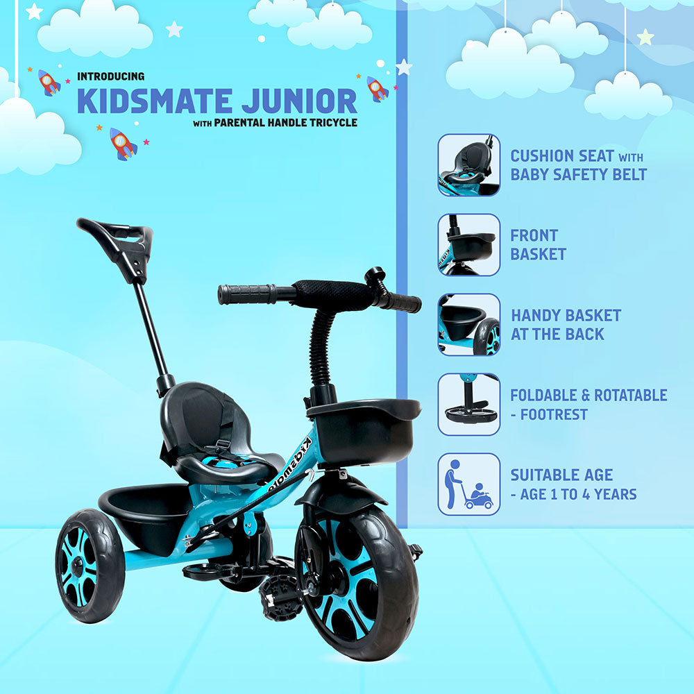 A vibrant blue tricycle designed for kids, featuring a cushioned seat with a baby safety belt, a parental control handle, and a handy basket. The background includes playful clouds and a colorful design.