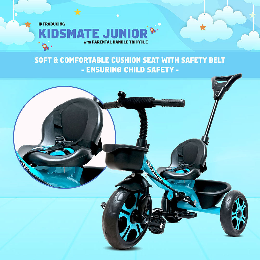 A vibrant Kidsmate Junior tricycle featuring a soft cushioned seat with a safety belt, a parental control handle, and stylish blue wheels, set against a playful background.