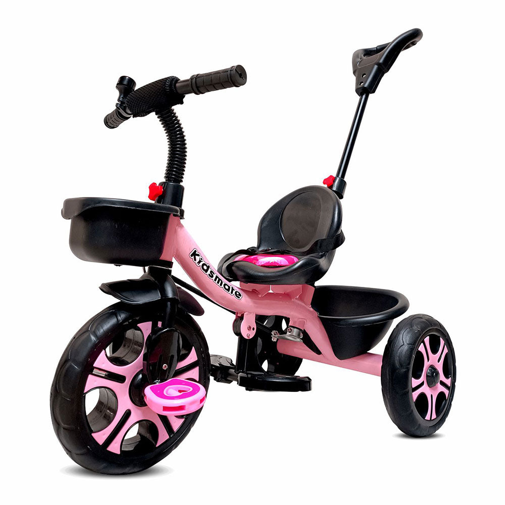 A pink tricycle designed for kids, featuring a comfortable seat, a parent control handle, and sturdy wheels. The design includes a storage basket at the back and playful accents.