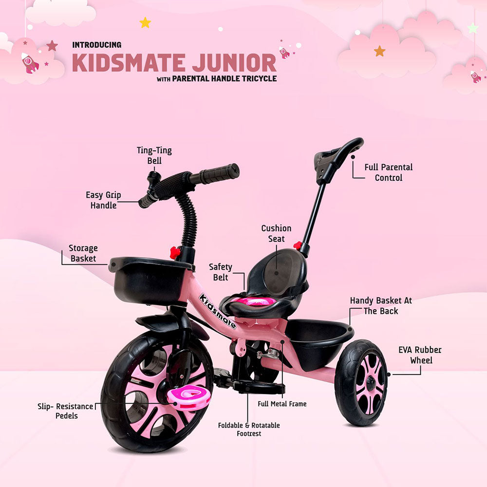 A vibrant pink tricycle designed for kids, featuring a cushioned seat, parental control handle, storage basket, and slip-resistant pedals. The frame is sturdy with full metal construction and EVA rubber wheels.