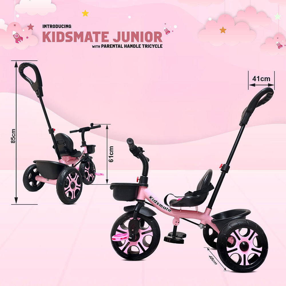 A vibrant Kidsmate Junior tricycle designed for kids, featuring a parental control handle. The tricycle is shown in pink with comfortable seating and sturdy wheels, set against a playful background.