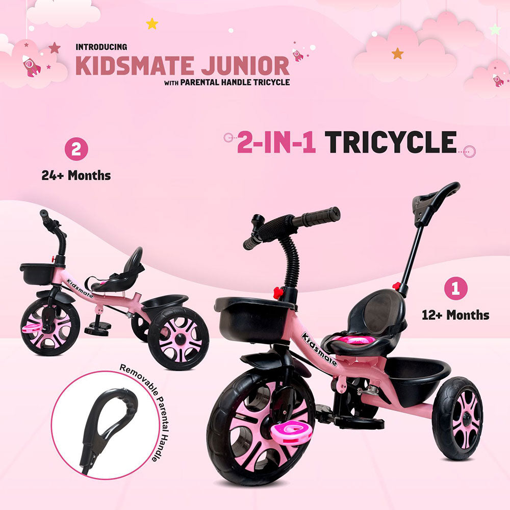 A vibrant Kidsmate Junior Tricycle designed for children, featuring a removable parental control handle, adjustable seat, and colorful wheels. The background is playful with soft clouds.