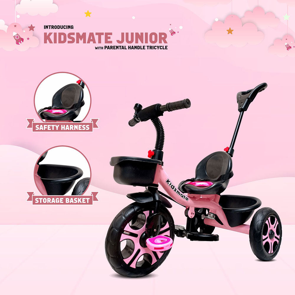 A vibrant pink tricycle designed for kids, featuring a comfortable seat with a safety harness, a parental control handle, and a storage basket at the back. The background is playful with soft clouds.