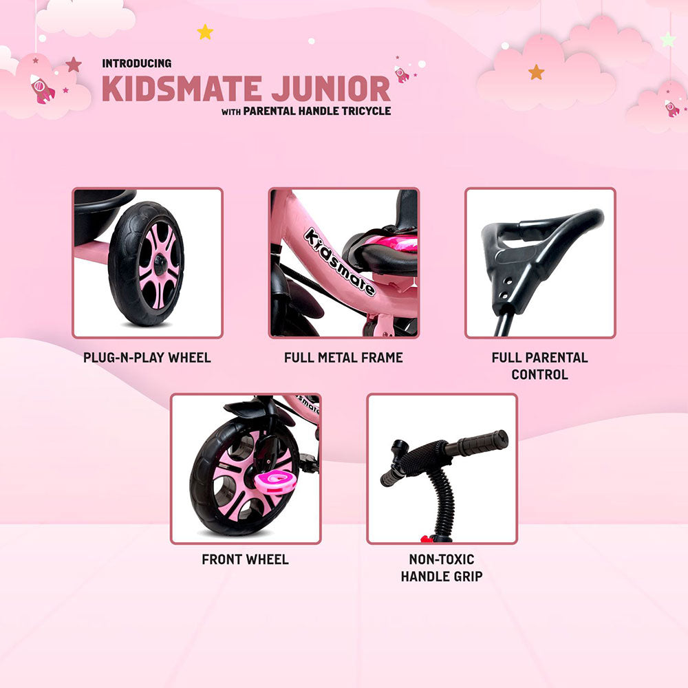 Colorful Kidsmate Junior tricycle featuring a full metal frame, parental control handle, non-toxic grip, and pink wheels, set against a playful pink background.