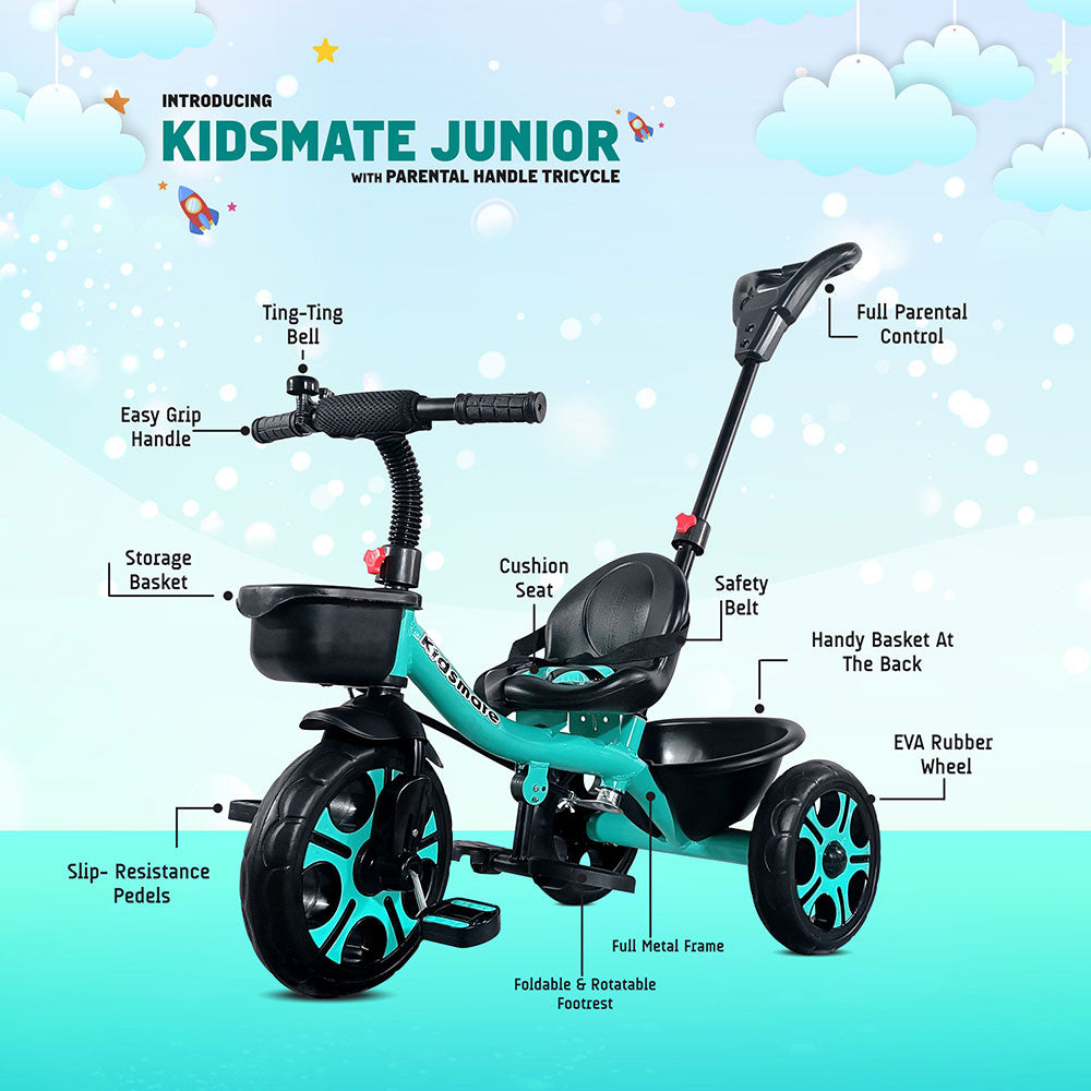 A colorful Kidsmate Junior tricycle featuring a parental control handle, cushioned seat, storage basket, and slip-resistant pedals. The tricycle has a sleek design with EVA rubber wheels.