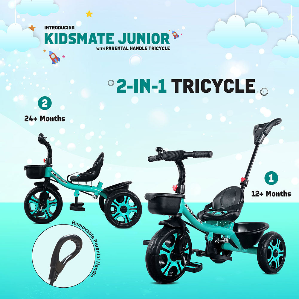A vibrant Kidsmate Junior Tricycle designed for children, featuring a removable parental control handle. The tricycle is shown in two configurations, suitable for ages 12+ months and 24+ months, set against a playful