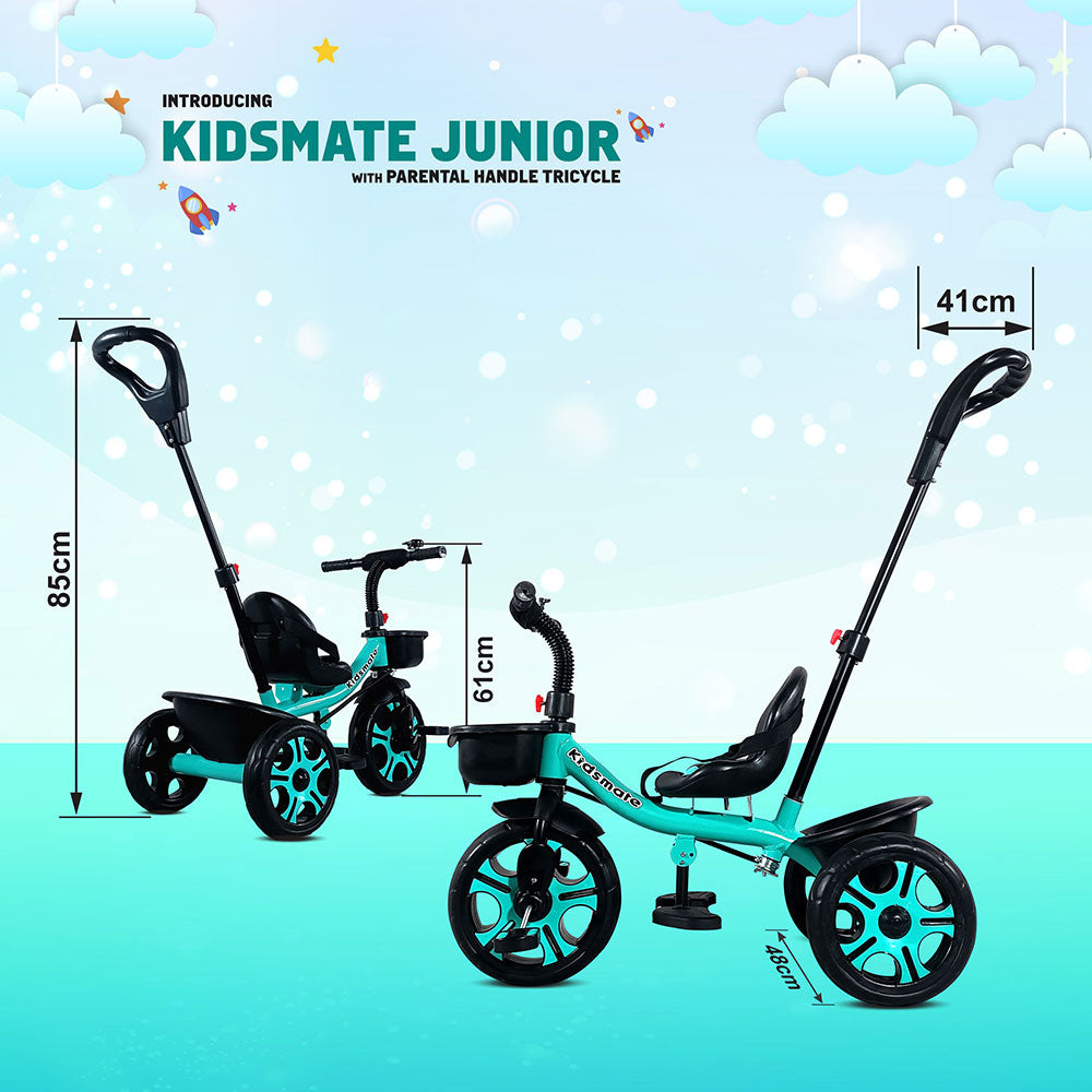 A vibrant Kidsmate Junior tricycle for kids, featuring a sleek design with a blue frame, black wheels, and a parental control handle. Dimensions are displayed alongside the tricycle.