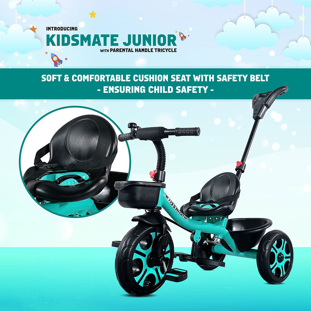 A vibrant Kidsmate Junior tricycle featuring a soft, comfortable cushion seat with a safety belt. The tricycle includes a parental control handle and sturdy wheels, designed for child safety and comfort.