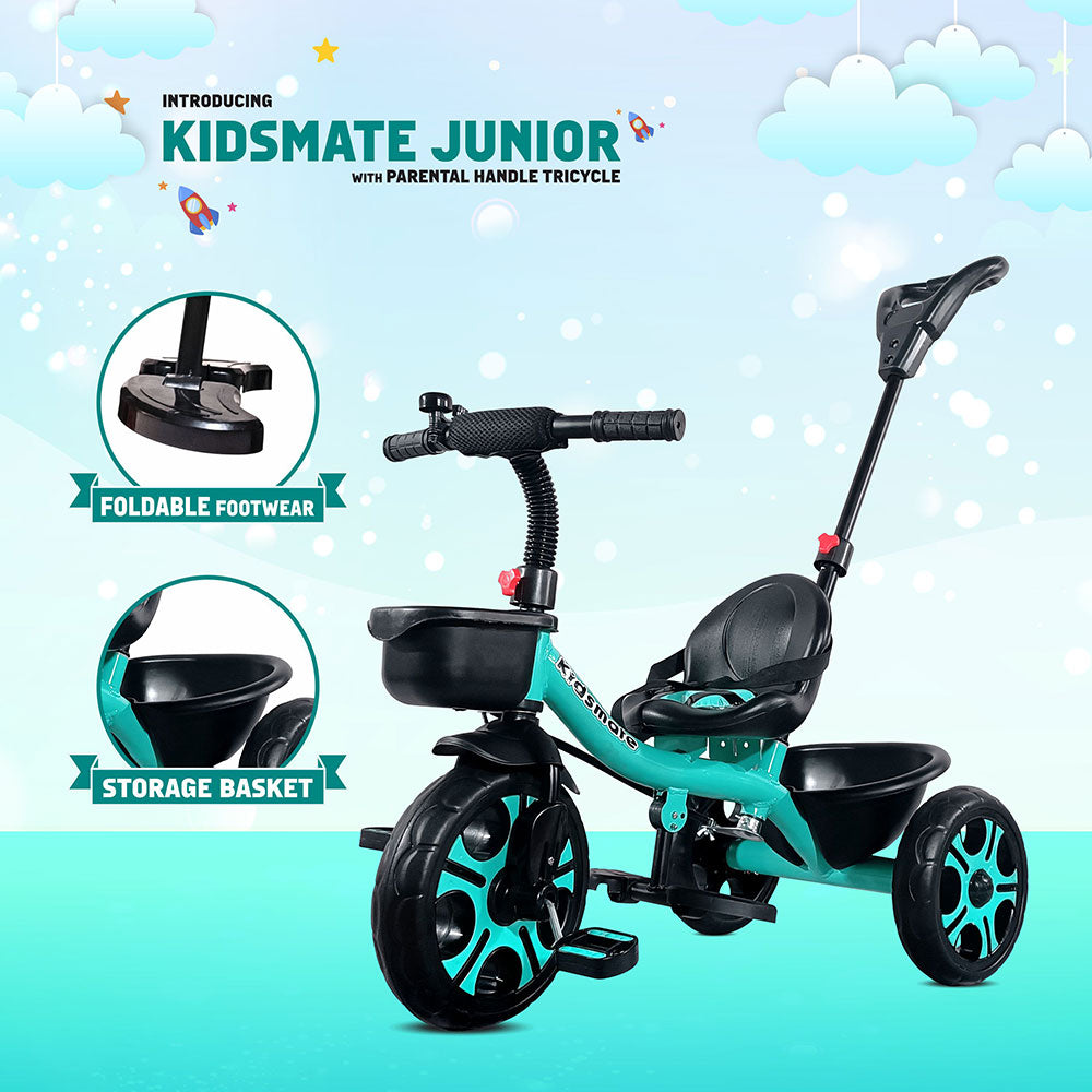 A vibrant Kidsmate Junior tricycle featuring a sleek design with a parental control handle, foldable footrest, and a storage basket. The tricycle is set against a cheerful sky background with clouds.