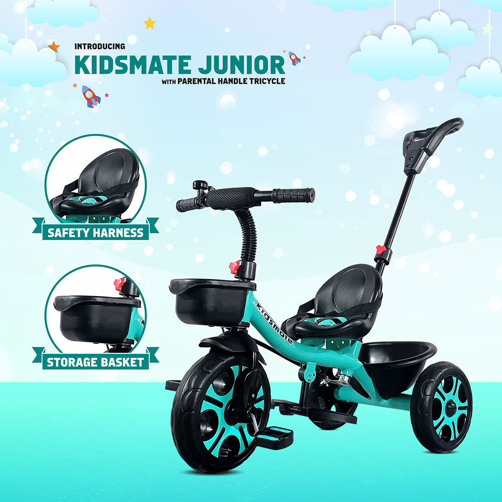 A vibrant Kidsmate Junior tricycle designed for kids, featuring a comfortable seat with a safety harness, a parental control handle, and a storage basket. The tricycle has stylish wheels and a bright color scheme.