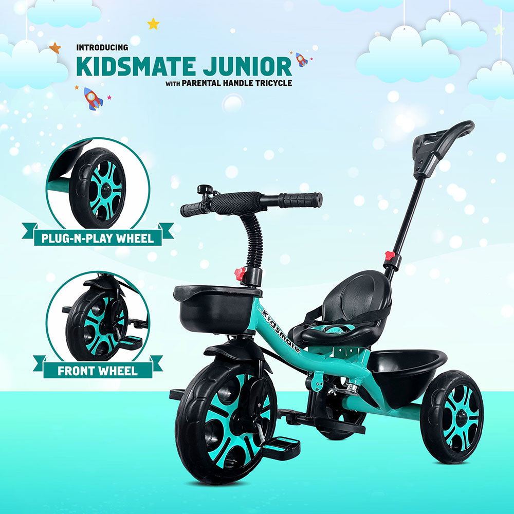 Colorful Kidsmate Junior tricycle featuring a parental control handle, comfortable seat, and sturdy wheels. The design includes playful graphics and a fun, inviting look, perfect for young children.