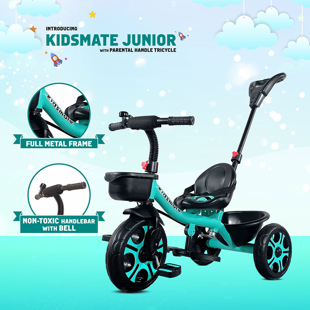 A vibrant Kidsmate Junior tricycle featuring a full metal frame, non-toxic handlebars with a bell, and a comfortable seat. The background includes playful clouds and a bright blue sky.