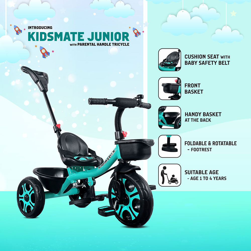 A vibrant Kidsmate Junior tricycle featuring a cushioned seat with a baby safety belt, a front basket, and a parental control handle. The tricycle is designed for children aged 1 to 4 years.