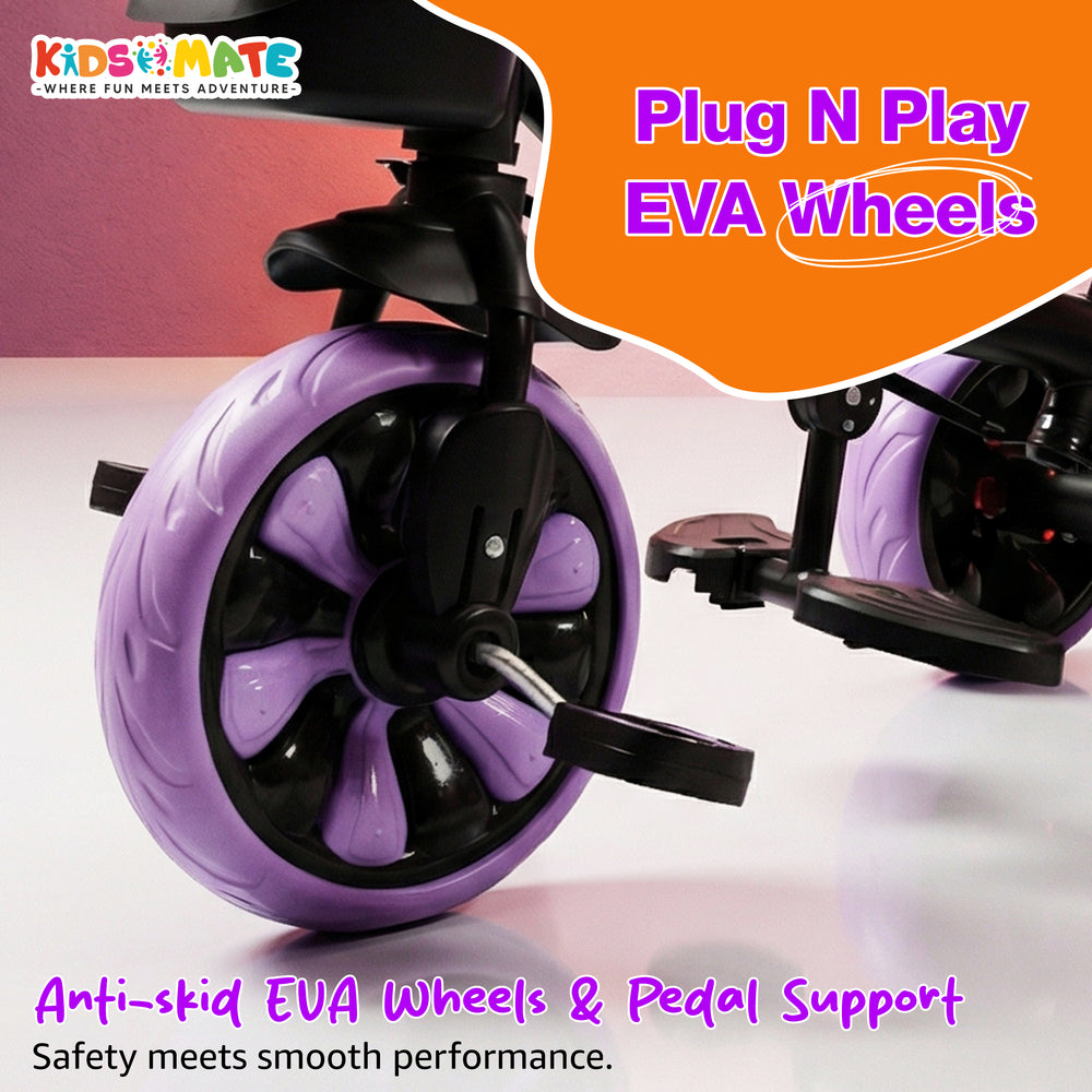 Colorful Kidsmate Junior Tricycle featuring a sturdy frame, parental control handle, and anti-skid EVA wheels, designed for safety and fun. Ideal for young children.