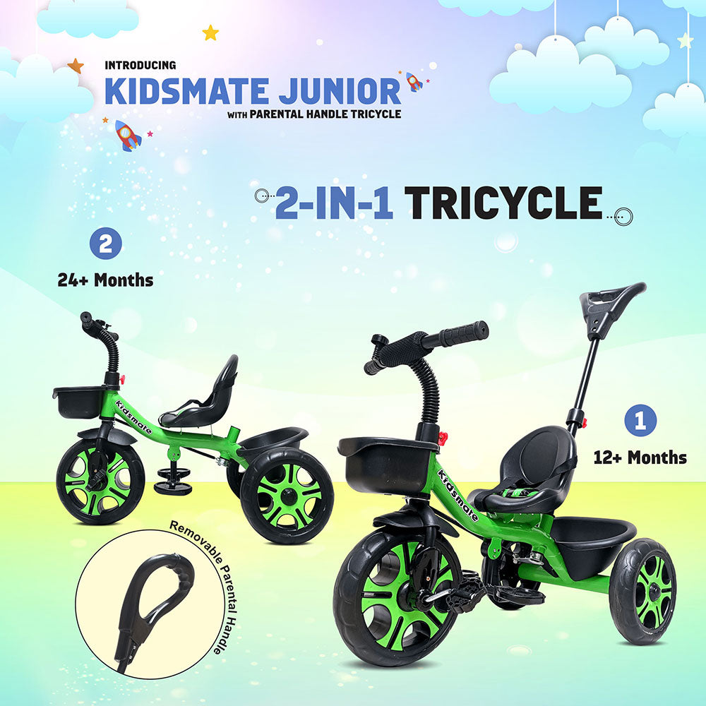 A vibrant green and black tricycle designed for kids, featuring a removable parental control handle. The tricycle is displayed against a colorful background with playful graphics, highlighting its 2-in-1 functionality
