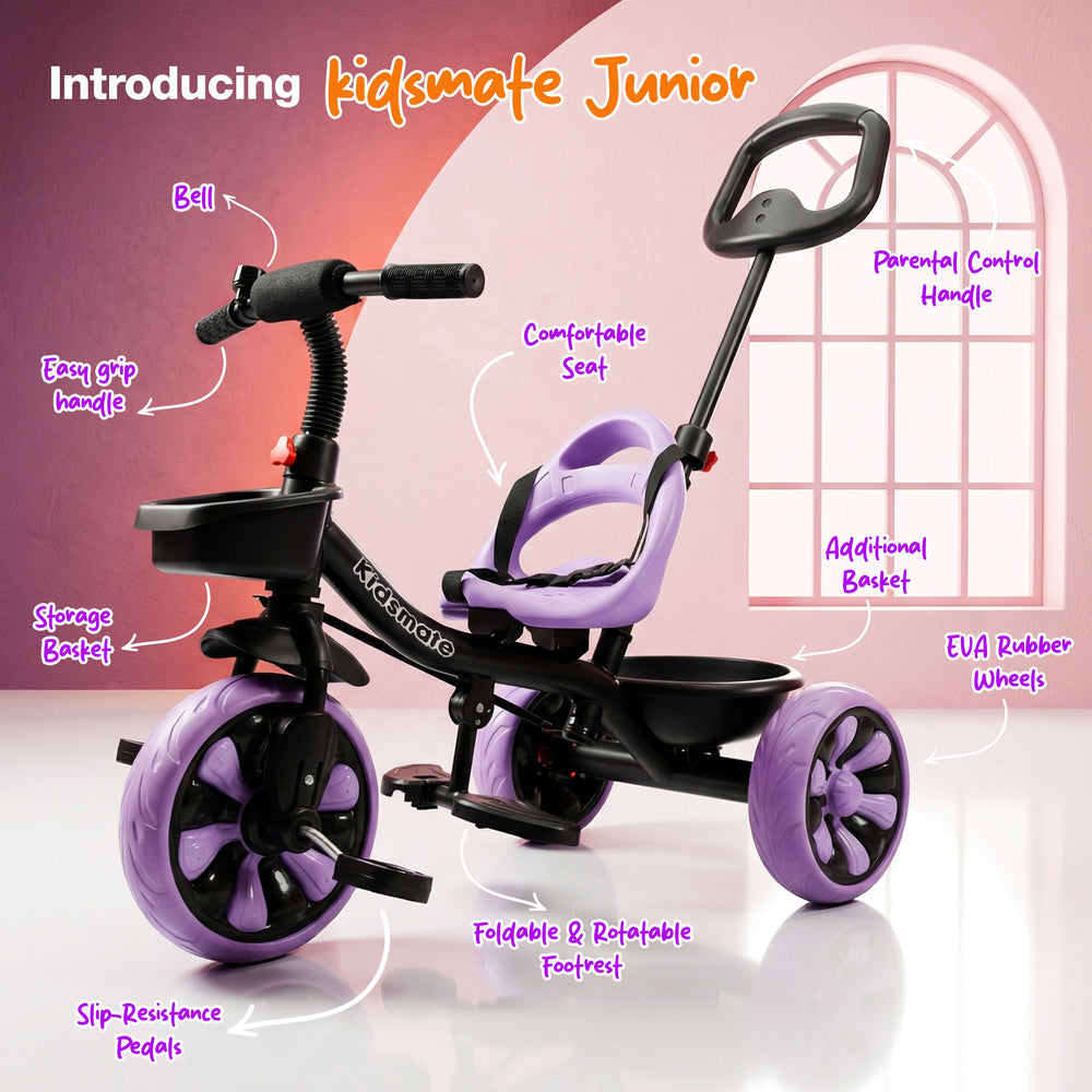 A colorful Kidsmate Junior tricycle featuring a comfortable seat, easy grip handle, and a parental control handle. It includes a storage basket and slip-resistant pedals, with foldable and rotatable footrest.