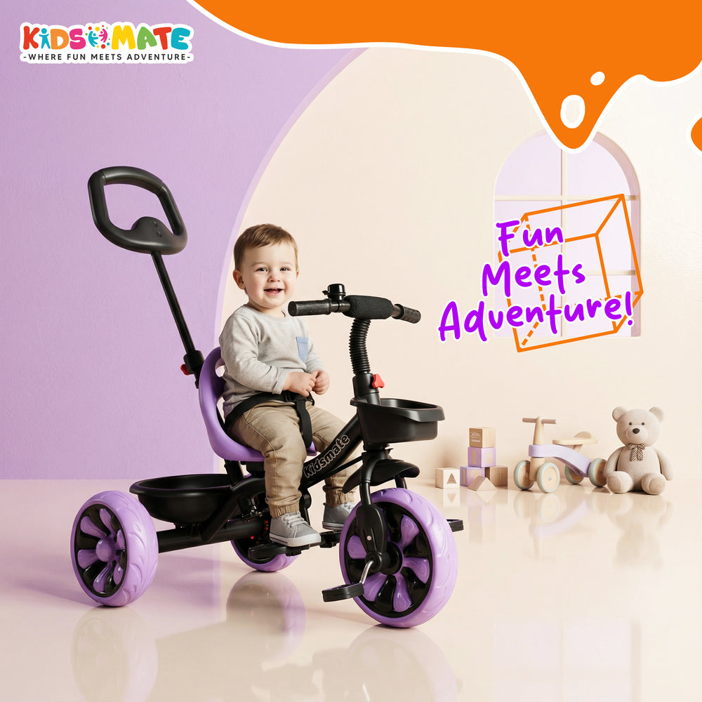 A cheerful child sits on a purple and black tricycle, featuring a parental control handle. The background is playful with colorful shapes, emphasizing fun and adventure.