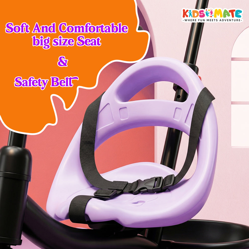 A soft and comfortable big-sized seat in purple with a safety belt, designed for a tricycle. The background features playful colors, enhancing the cheerful vibe of the product.