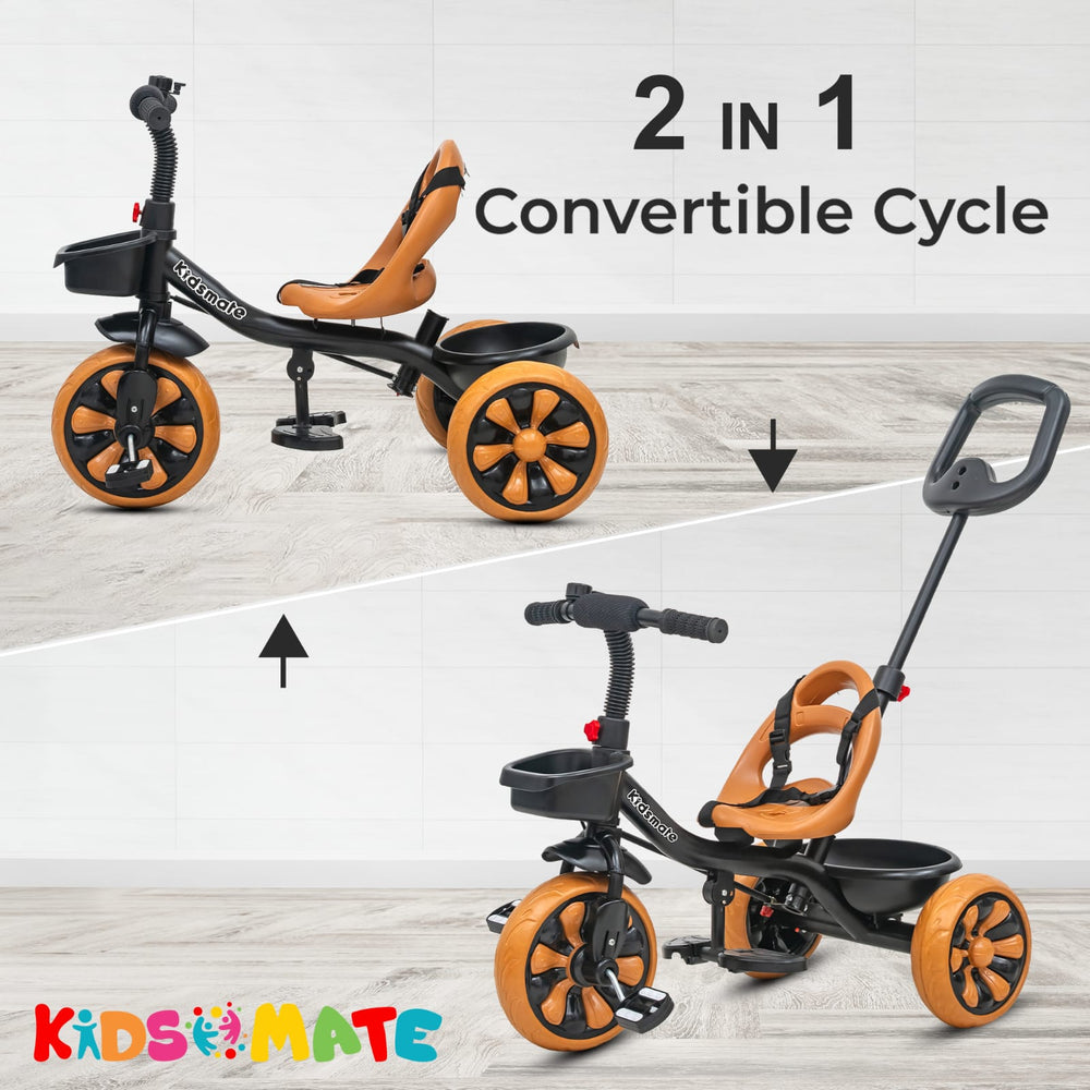 A convertible tricycle designed for kids, featuring a comfortable seat, sturdy wheels, and a parental control handle. The design showcases a sleek black frame with orange accents, perfect for young riders.
