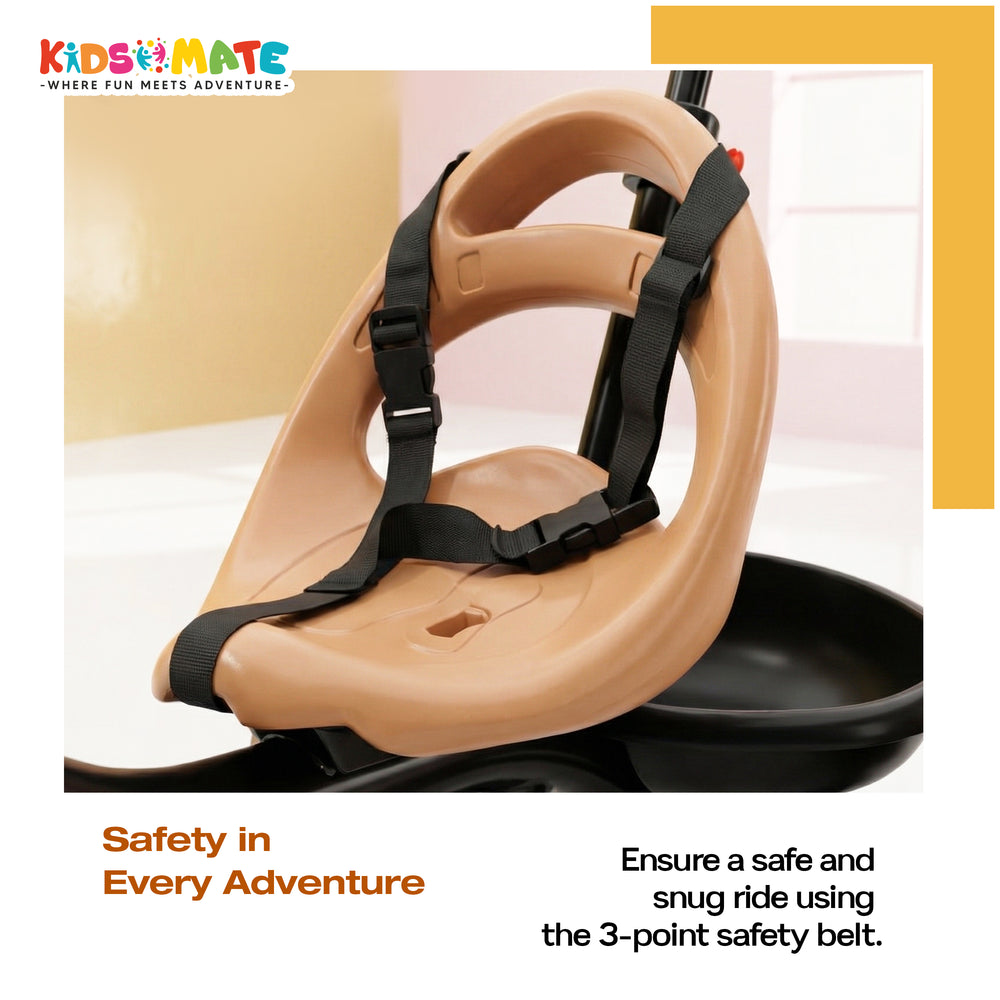 A close-up of a tricycle seat featuring a 3-point safety belt, designed for young children. The seat is beige with a curved backrest, ensuring comfort and security during rides.