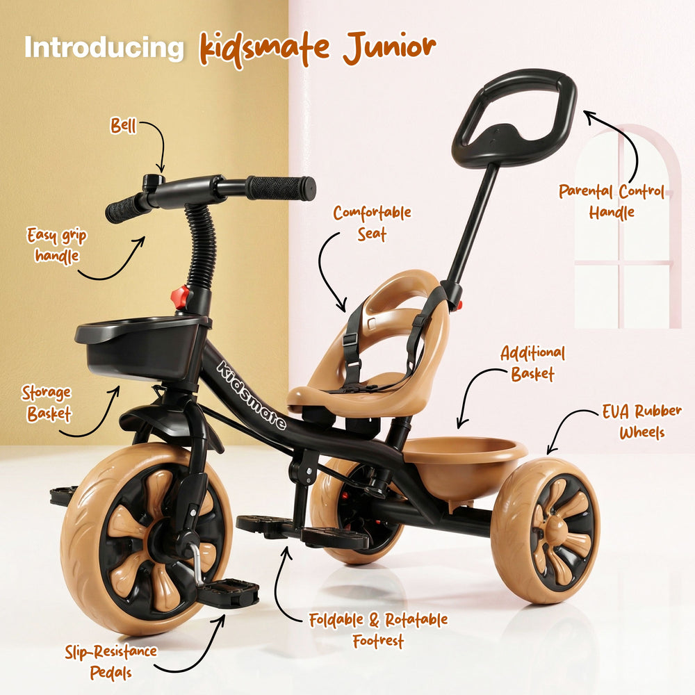 A Kidsmate Junior tricycle featuring a comfortable seat, parental control handle, storage basket, and slip-resistant pedals. The tricycle has stylish brown wheels and a sleek black frame.