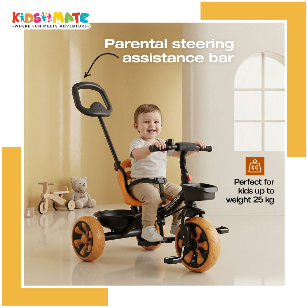 A cheerful child riding a colorful tricycle with a parental control steering bar. The tricycle features a comfortable seat and sturdy wheels, set against a warm, inviting background.