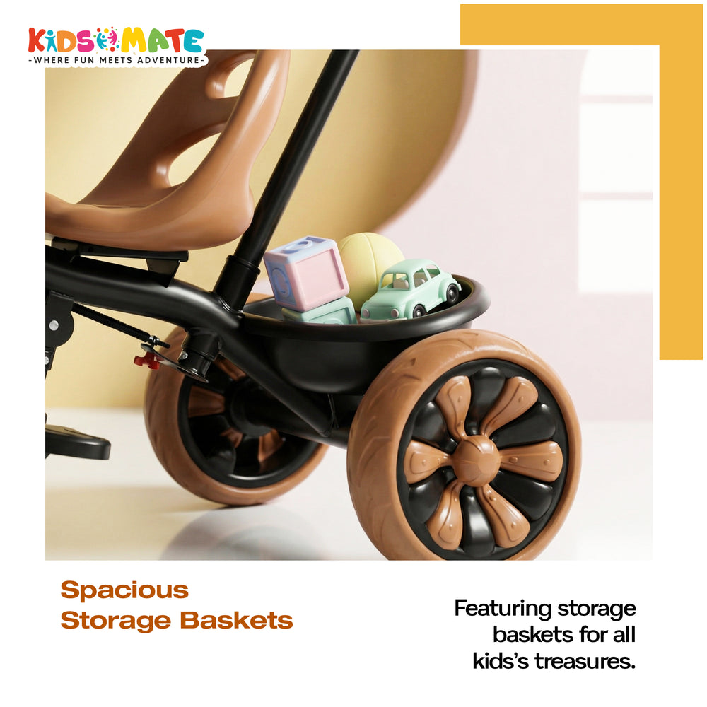 A colorful Kidsmate junior tricycle featuring spacious storage baskets, ideal for holding toys and treasures. The tricycle has a sleek design with a comfortable seat and sturdy wheels.