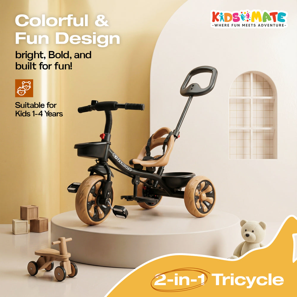 A vibrant Kidsmate junior tricycle designed for children aged 1-4 years. It features a colorful frame, comfortable seat, and sturdy wheels, set against a cheerful background with playful decor.