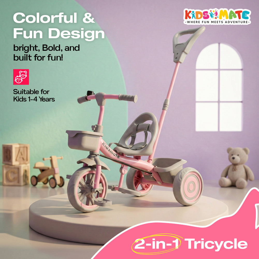 A vibrant pink and white tricycle designed for young children, featuring a comfortable seat, a push handle for parental control, and playful design elements. Ideal for kids aged 1-4 years.