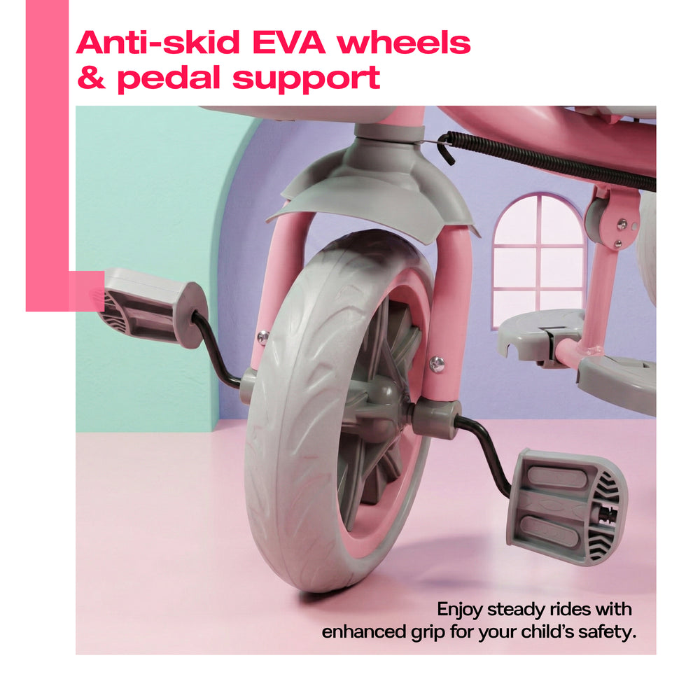 A close-up view of a pink tricycle featuring anti-skid EVA wheels and a pedal support. The design emphasizes safety and stability for young riders, set against a colorful backdrop.
