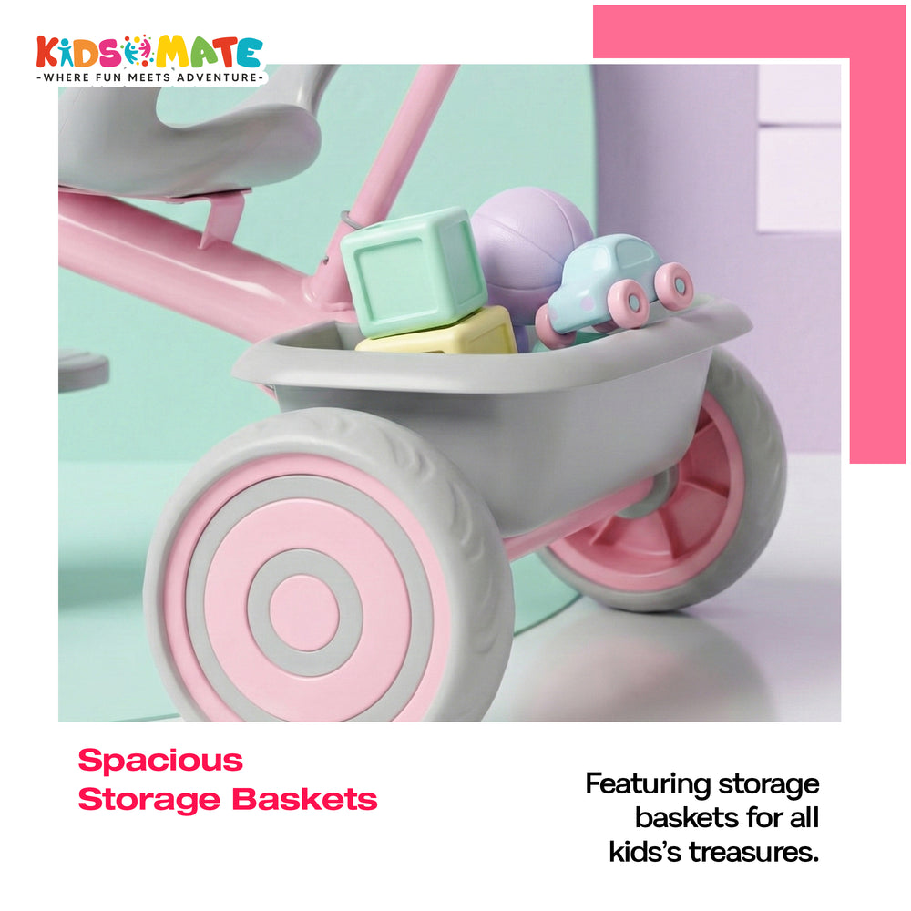 A colorful Kidsmate Junior Tricycle featuring spacious storage baskets. The tricycle has a pink and mint color scheme, with playful toys visible in the baskets, perfect for kids' treasures.