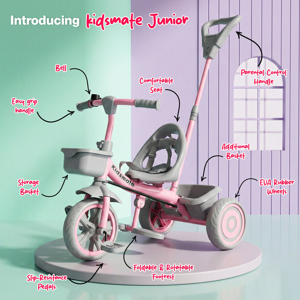 A pink Kidsmate Junior tricycle featuring a comfortable seat, parental control handle, and a storage basket. The tricycle has EVA rubber wheels and a foldable, rotatable footrest, set against a pastel background.