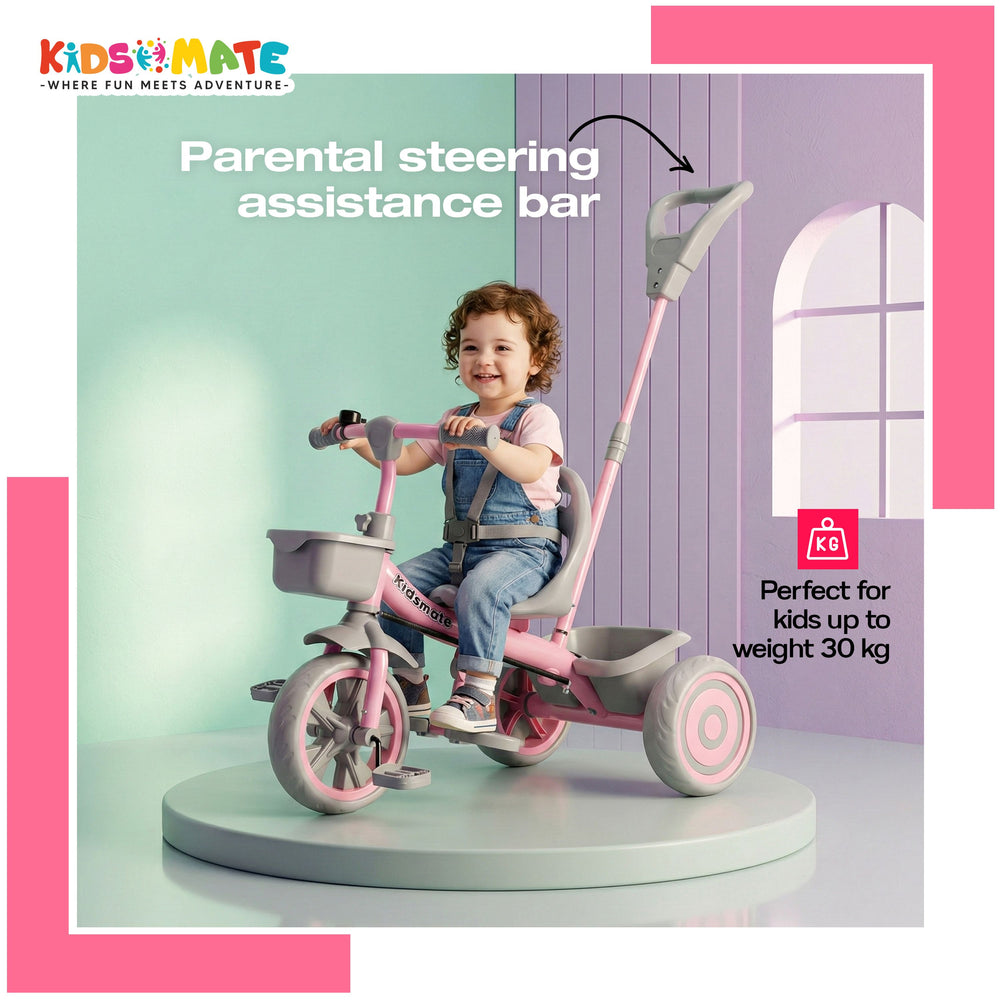 A cheerful child riding a pink tricycle with a parental control steering bar. The tricycle features a front basket and is set against a playful backdrop, emphasizing fun and adventure.