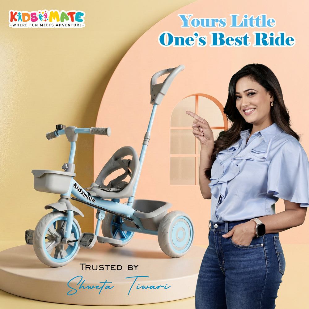 A cheerful woman stands beside a light blue tricycle designed for kids, featuring a parental control handle. The background includes playful text promoting the tricycle as a fun ride for little ones.